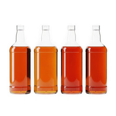 Four bottles of amber liquor isolated on transparent background