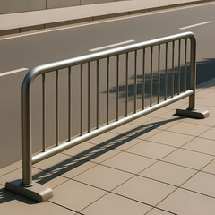 Public pedestrian rail barrier, clean lines, even lighting