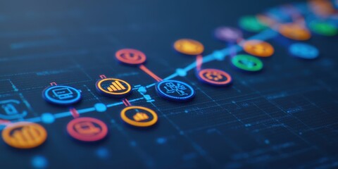 Draft Blueprint Workflow concept. Digital interface with colorful icons and data visualization elements.