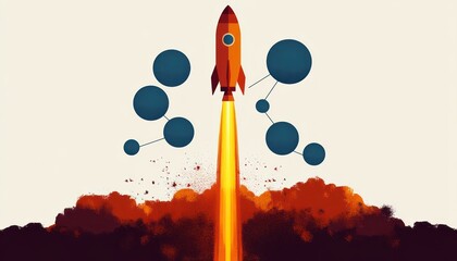 retro orange rocket blasting off with bright yellow exhaust and billowing red orange smoke flanked by connected blue circular nodes on a pale background evoking excitement and ambition