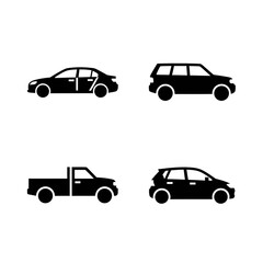 Fototapeta premium Collection of Four Black Car Silhouettes on White Background.