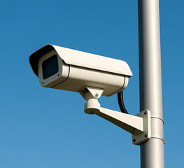 Public CCTV camera mounted on pole, clean sky background