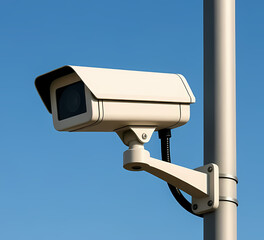 Public CCTV camera mounted on pole, clean sky background
