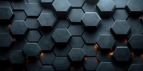 Dark three-dimensional hexagonal tile surface with subtle orange glowing gaps and layered honeycomb geometry conveying a sleek futuristic mysterious mood