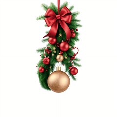 Elegant Christmas Garland with Red Bow, Pine Branches and Golden Ornament