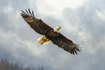 Obraz premium majestic bald eagle soaring with outstretched wings over a cloudy sky and distant forest, evoking power, freedom and grace