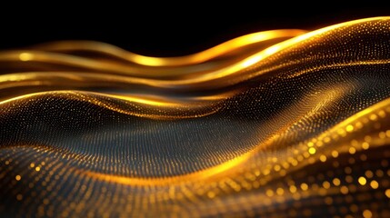 Mesmerizing undulating field of glowing golden particles forming a flowing wave-like mesh on a deep black background, evoking serenity and luxury