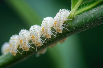 Fototapeta premium close-up of a line of pale translucent insect larvae with yellow spots crawling along a green plant stem, delicate and curious scene