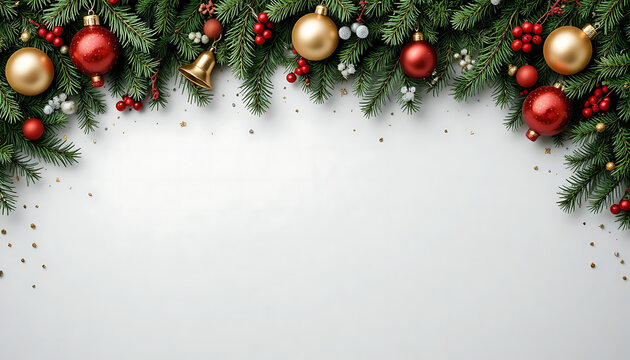 Christmas garland border with red and gold ornaments on white background - Powered by Adobe
