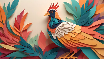 Colorful paper cut out bird surrounded by tropical leaves art
