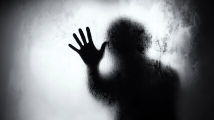 shadowy silhouette pressing a palm against fogged glass, a blurred figure and textured condensation conveying fear, isolation and desperate longing