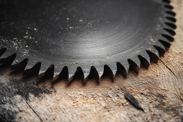 Close-up of a circular saw blade teeth resting on a rough wooden surface with sawdust, conveying sharp, menacing precision and industrial tension