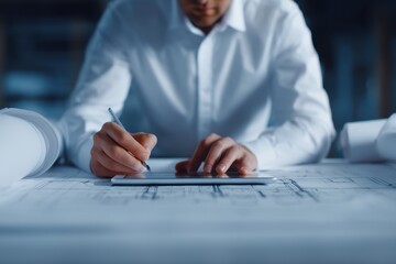 Draft Blueprint Workflow concept. Designer working on blueprints with a tablet and drafting tools.