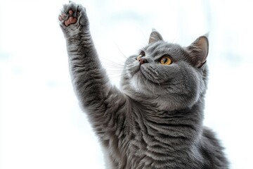 plush gray cat with amber eyes reaching up with raised paw, pink paw pads and whiskers, soft dense fur and curious playful attentive expression against bright white background