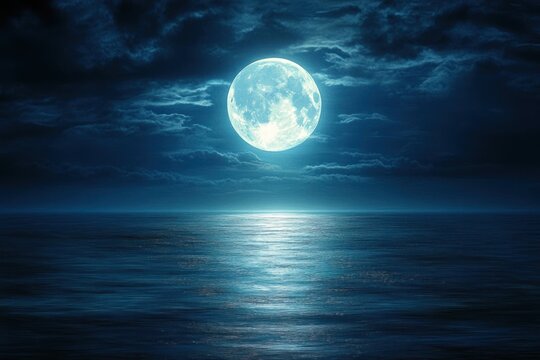 Full moon glowing over calm ocean with clouded night sky and shimmering moonlight reflection, serene and mystical atmosphere