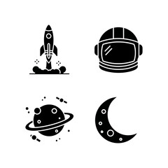 Fototapeta premium Set of Four Space Themed Icons Including Rocket Ship Astronaut Helmet Planet and Moon.