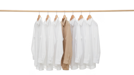 Shirts hanging on wooden rail isolated on transparent background