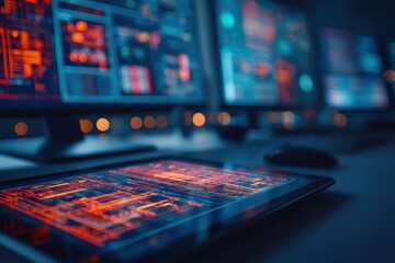 Draft Blueprint Workflow concept. High-tech workspace with glowing screens and digital interfaces.