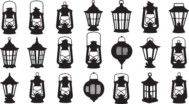 set collection lantern lamp old black logo icon design illustration