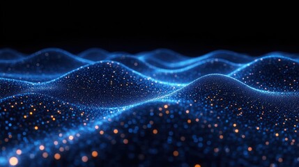 Serene futuristic abstract landscape of undulating blue particle waves with sparkling orange highlights against a dark background