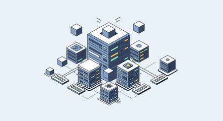 Modern isometric data center network for robust cloud computing and IT infrastructure solutions with seamless connectivity and secure storage