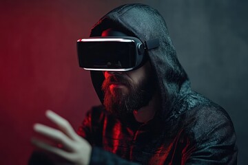 hooded person wearing virtual reality headset reaches out with outstretched hand under dramatic red and teal lighting, evoking immersive curiosity and focused tension