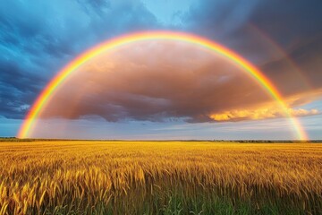 Golden wheat field beneath dramatic storm clouds and a vibrant full rainbow arch with warm sunset glow, evoking awe and peaceful hope