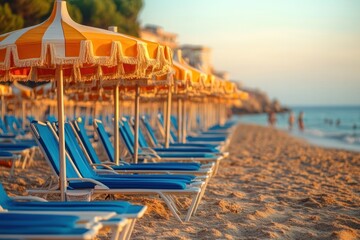 Rows of blue lounge chairs beneath yellow-and-white fringed umbrellas on a sandy beach at golden hour, calm sea and distant swimmers conveying relaxed summer tranquility