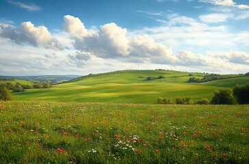 Sunlit rolling green hills and wildflower meadow dotted with red poppies and white daisies under a bright blue sky with fluffy clouds, peaceful and serene countryside