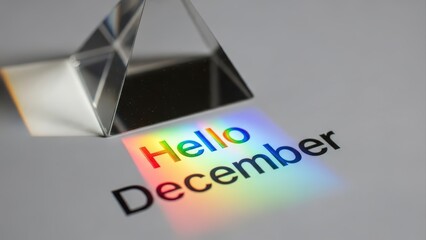 Prism refracts light to display Hello December in rainbow colors on a gray surface.
