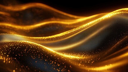 Flowing golden particle waves forming shimmering luminous dunes and fabric-like ripples, elegant and dynamic with a warm luxurious glow
