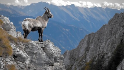 Solitary ibex standing on a rocky cliff edge overlooking layered blue mountain ranges under a cloudy sky, evoking majesty and quiet vigilance