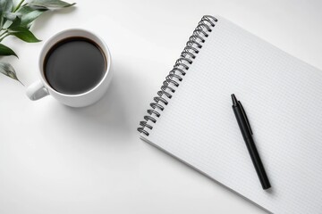 Minimalist white workspace with cup of black coffee, spiral dotted notebook, black pen and green leaves conveying calm focused productivity