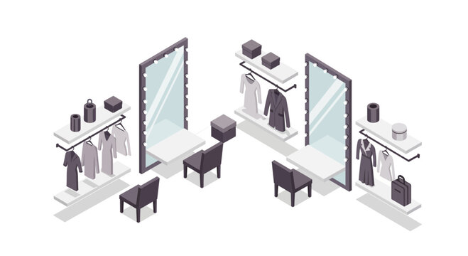 Visualize your brand's stunning showroom with this isometric dressing room design, offering a modern, elegant shopping experience for fashion retail success