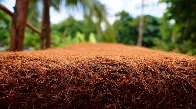 Coarse Coconut Fiber Matting Texture with Blurred Green Background