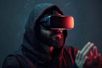 Person in hooded sweatshirt reaching forward while wearing a virtual reality headset under moody blue and red lighting, appearing curious and immersed