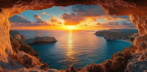 sunset over calm sea framed by a rocky coastal cave opening with cliffs and golden light, a serene and awe-inspiring vista