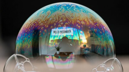 Macro shot of a soap bubble reflecting a room and text.