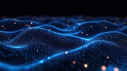 Glowing blue particle waves forming an undulating digital landscape with scattered warm orange lights, futuristic and serene