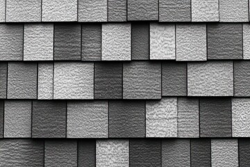 rows of overlapping rectangular textured roof shingles in a repeating grayscale pattern conveying order and calm