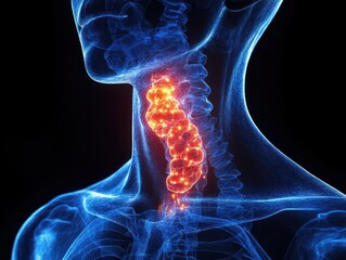 translucent blue neck and skull outline with cervical vertebrae and a glowing red-orange inflamed mass in the throat conveying pain and medical urgency