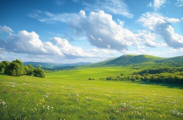 sunlit wildflower meadow and rolling green hills with scattered trees under a bright blue sky of fluffy clouds and distant low mountains, serene and peaceful countryside