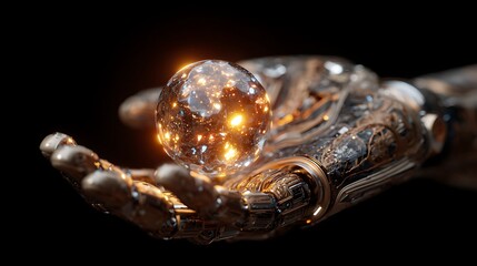 Robotic hand holding a glowing orb of light against a dark background in a futuristic scene