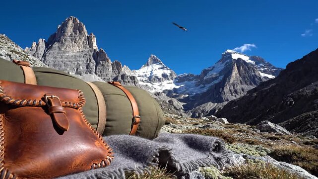 Hand-stitched leather pouch and rolled bedroll resting beside a rugged mountain landscape with snowy peaks