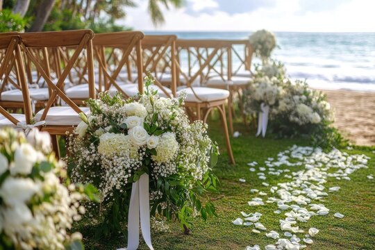 Romantic beach wedding aisle with wooden chairs, white rose and baby breath floral arrangements, petal-strewn grassy pathway overlooking the ocean - Powered by Adobe