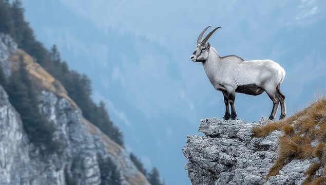 Majestic alpine ibex standing alert on a rocky cliff edge above misty mountain valleys, evoking solitude and serene strength