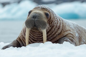 close-up of a solitary walrus resting on snowy ice with long tusks and dense whiskers, calm stoic expression, frost on wrinkled skin and icy water and icebergs in the background