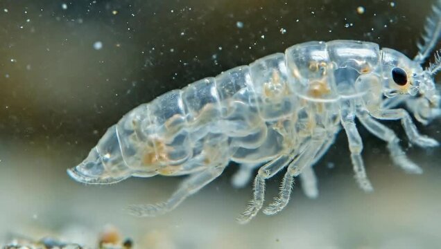 Transparent Amphipod Crustacean - Microscopic Underwater World Exploration and Marine Biology.