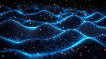 Undulating blue particle waves with floating orange sparks over a dark background, a mesmerizing futuristic glowing landscape