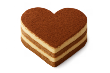 Heart tiramisu cake with cocoa powder on transparent background